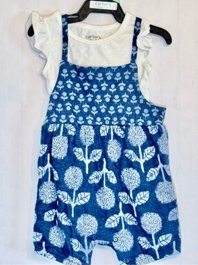 Carter's Blue Floral Overall Romper with White Ruffle Tee
